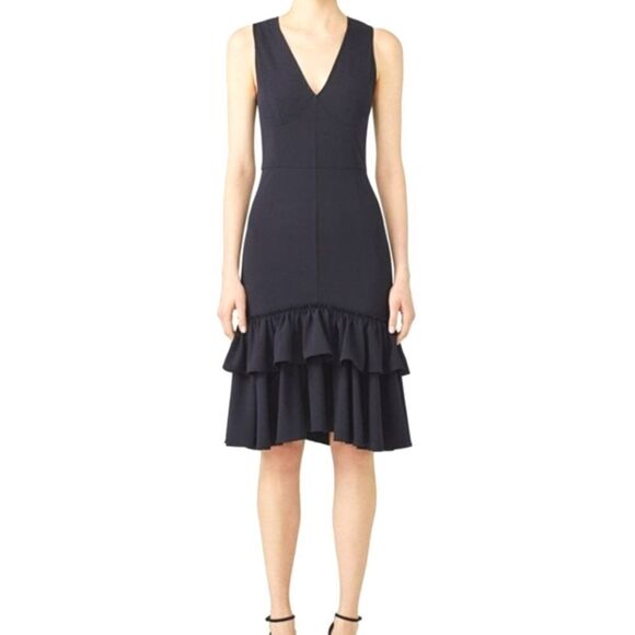 TOME NYC Ariel Navy Blue midi ruffle hem V-neck formal dress womens 6 - Picture 1 of 10